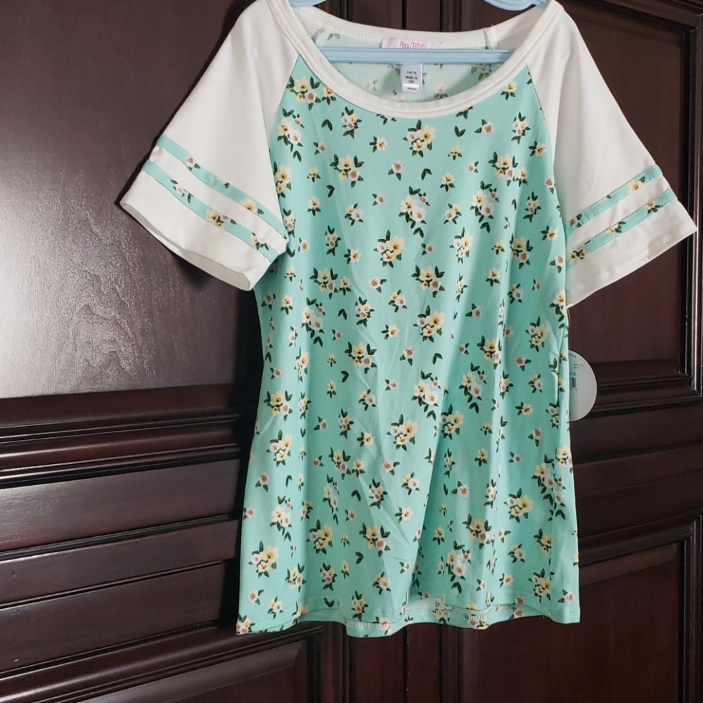 Turquoise floral girls baseball style ss t-shirt